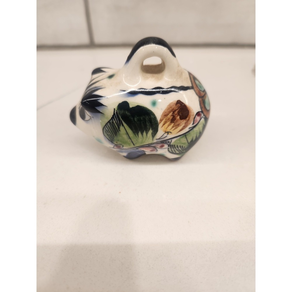 Vintage Hand Painted Mini Tonala Pottery Pig Ornament Mexican Art Pottery